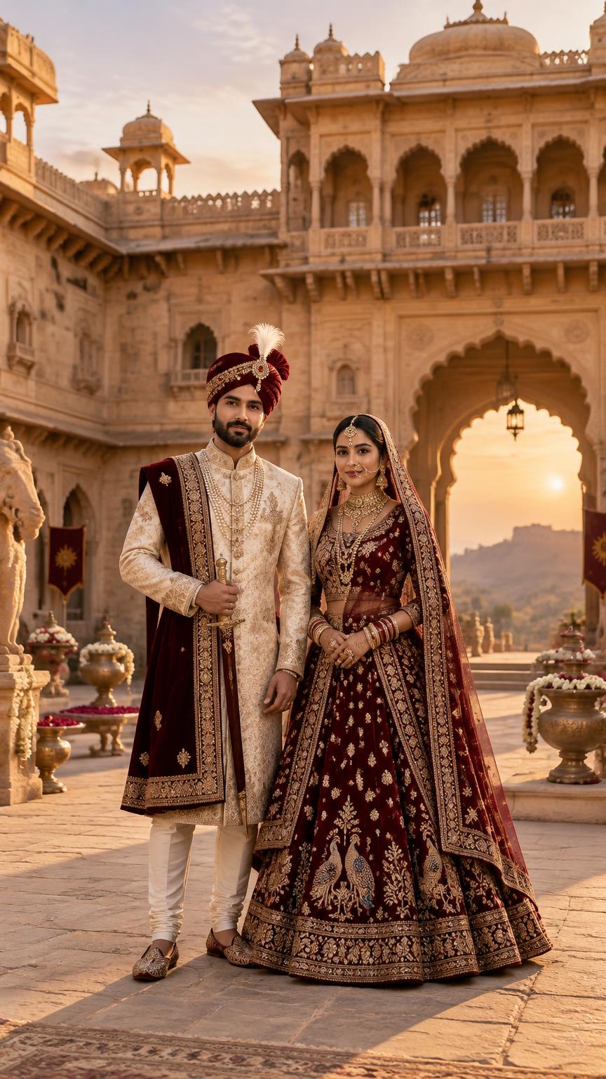 Yuvraj Singh and Rajnandini in royal Rajput attire in a palace courtyard
