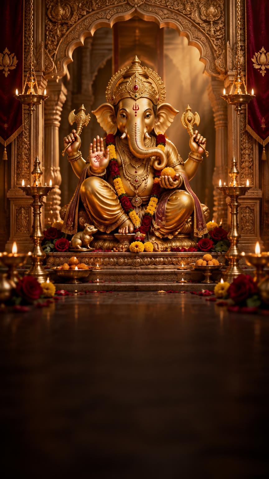 Golden Lord Ganesha within an ornate royal temple arch with glowing diyas